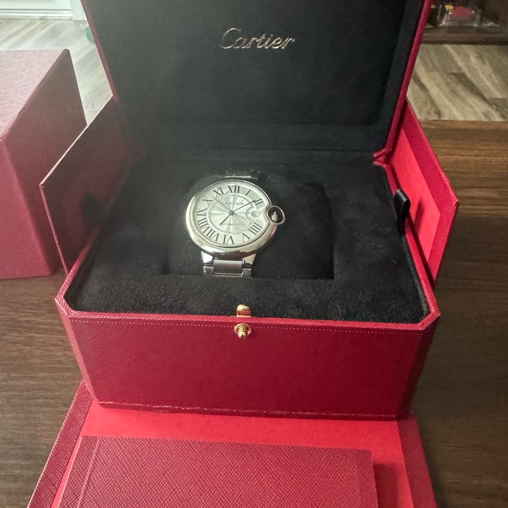 Cartier Silver Watch in Luxurious Red Case